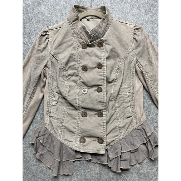 Free People Jacket Womens 4 Taupe Gray Corduroy Ruffle Peplum Romantic Military - Picture 7 of 16